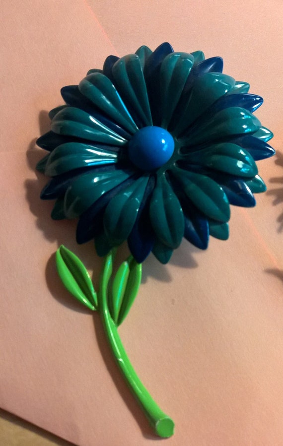 Huge Blue Flower Pin Vintage Brooch - image 1