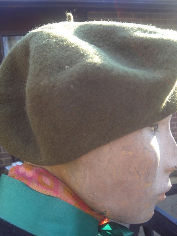 Beret Vintage Wool Khaki Brown Green - image 5