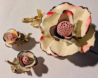 Pink Flower Parure Set of 2 Earrings with Matching Brooch Flower pin