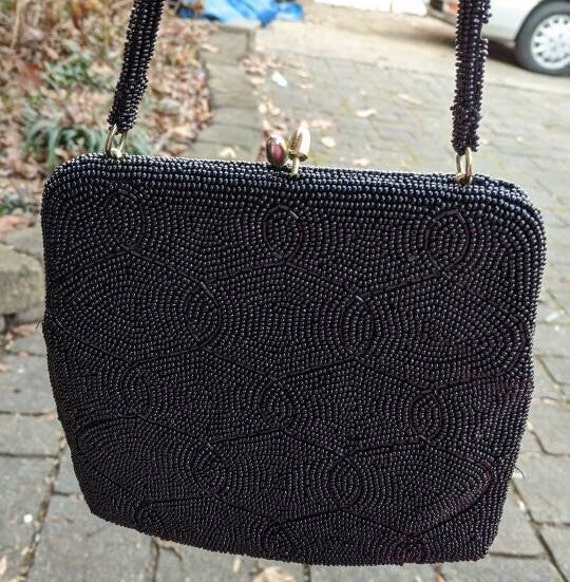 Ladies Black Beaded Bag very Elegant 1940s vintag… - image 1