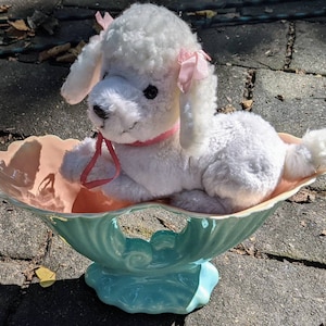 Dakin Plush Stuffed White Poodle Dog Toy with pink ribbons new old stock 1978