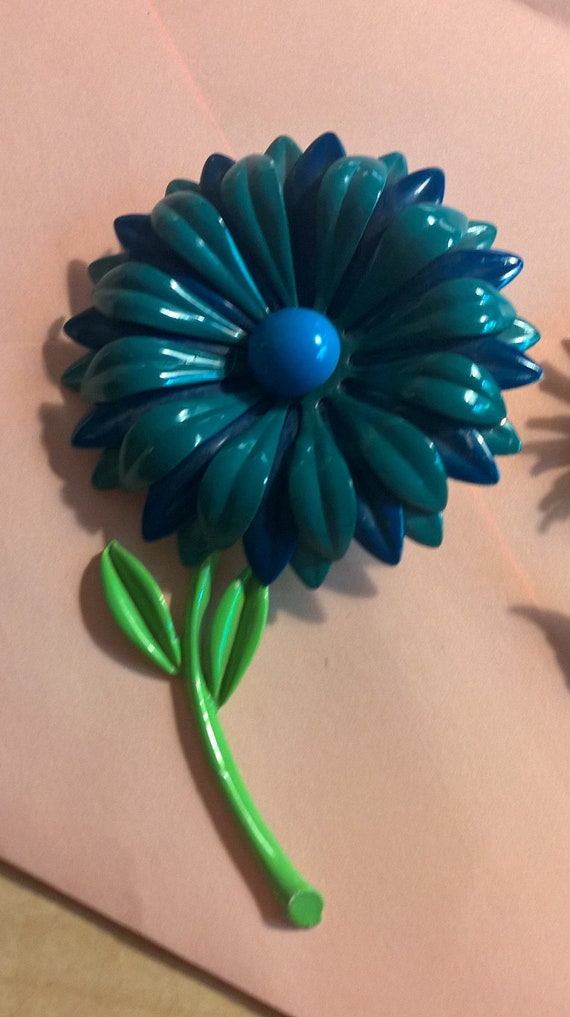 Huge Blue Flower Pin Vintage Brooch - image 2