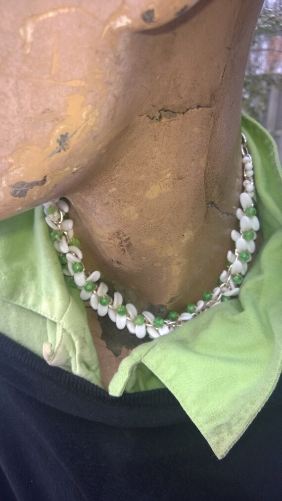 German Glass Bead Choker: Green & White Vintage N… - image 1