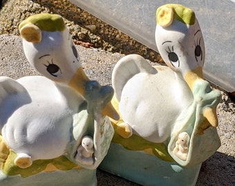 Ceramic Stork Figurines with Baby held in beak Large Set of 2