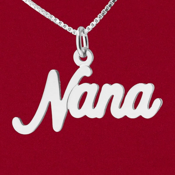 Sterling Nana Charm Pendant with Optional Necklace Cursive Script Word Name Design 925 Silver Pretty Handmade Jewelry Gift