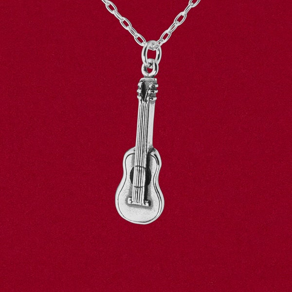 Acoustic Guitar 3D Charm Pendant Detailed Design 925 Solid Sterling Silver Jewelry for Musician, Accoustic - No Chain