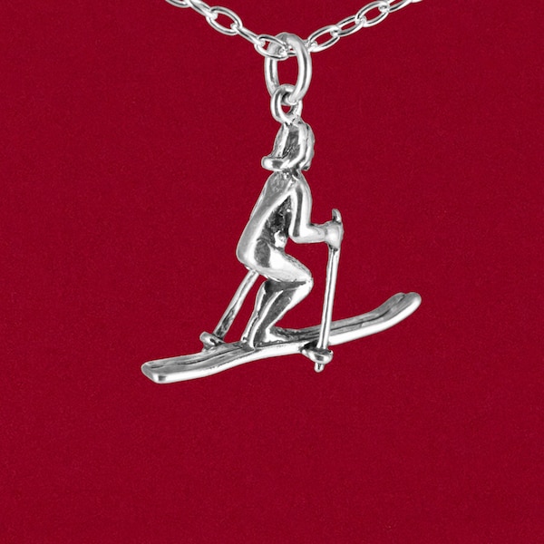 Skiing Girl Charm Pendant 925 Solid Sterling Silver 3D Snow Skier Jewelry - No Chain