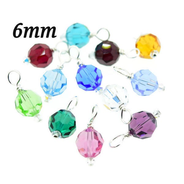 Birthstone Swarovski Crystal 6mm Bead Round Charm Pendant Hand Wrapped Sterling Silver Attachment Choice for Necklace