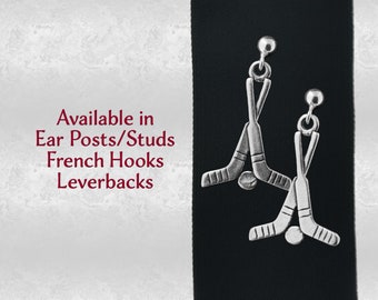 Hockey Sticks Puck Charm Earrings Pair 925 Sterling Silver 3D Jewelry Earring Post French Hook Leverback Choice