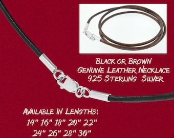 Handmade Genuine Leather Cord Necklace 925 Sterling Silver Lobster Claw Black or Brown Choice 14" 16" 18" 20" 22" 24" 26" 28" 30" Inch Size