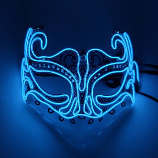 Masquerade sky blue hand made neon EL Wire mask,Outfit,Masquerade,edc,Rave Mask,Halloween,Burning Man,Cosplay,Party,Festival,Glow