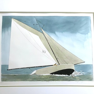 May include: A watercolor painting of a sailboat with a white sail and a beige hull. The sailboat is sailing on a blue body of water with a cloudy sky in the background. The number "10" is painted on the side of the sailboat.
