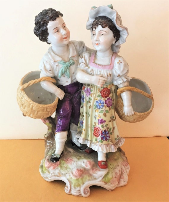 1877-87 Volkstedt Porcelain Figurine Blue Mark RARE Authentic Dresden  Triebner Ens and Eckert Two Children and Baskets 
