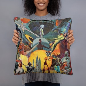 Retro Sci-Fi Collage Basic Pillow