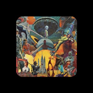 Retro Sci-Fi Collage Cork-back coaster