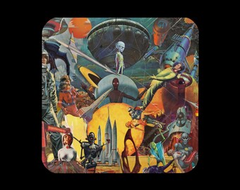 Retro Sci-Fi Collage Cork-back coaster