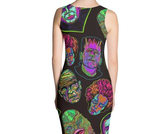 May include: A black sleeveless dress with a colorful print of various monster faces. The print features a creature from the black lagoon, Frankenstein, the mummy, and the bride of Frankenstein.