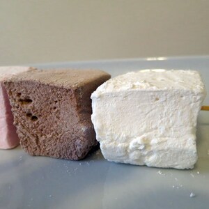 Op de afbeelding: Drie vierkante marshmallows in roze, bruin en wit, gepresenteerd op een lichtblauwe plaat. De witte marshmallow is gespietst met een houten stokje. De marshmallows hebben een zacht, getextureerd uiterlijk, wat wijst op een zelfgemaakte traktatie.