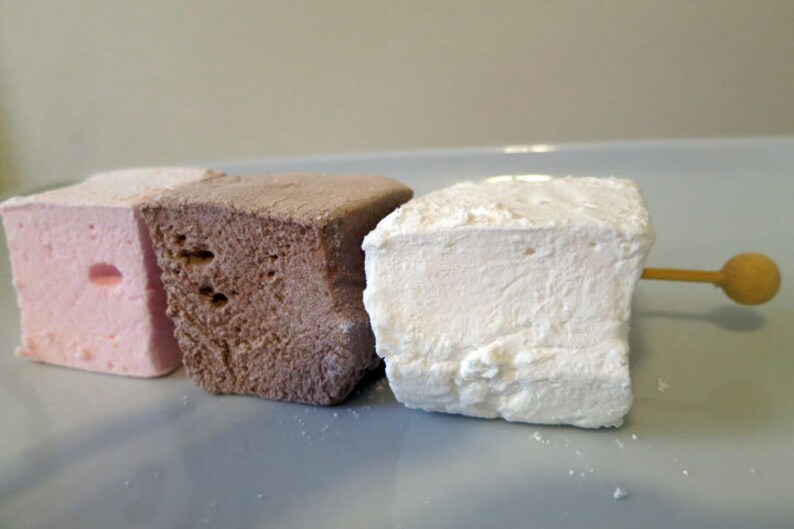 Op de afbeelding: Drie vierkante marshmallows in roze, bruin en wit, gepresenteerd op een lichtblauwe plaat. De witte marshmallow is gespietst met een houten stokje. De marshmallows hebben een zacht, getextureerd uiterlijk, wat wijst op een zelfgemaakte traktatie.