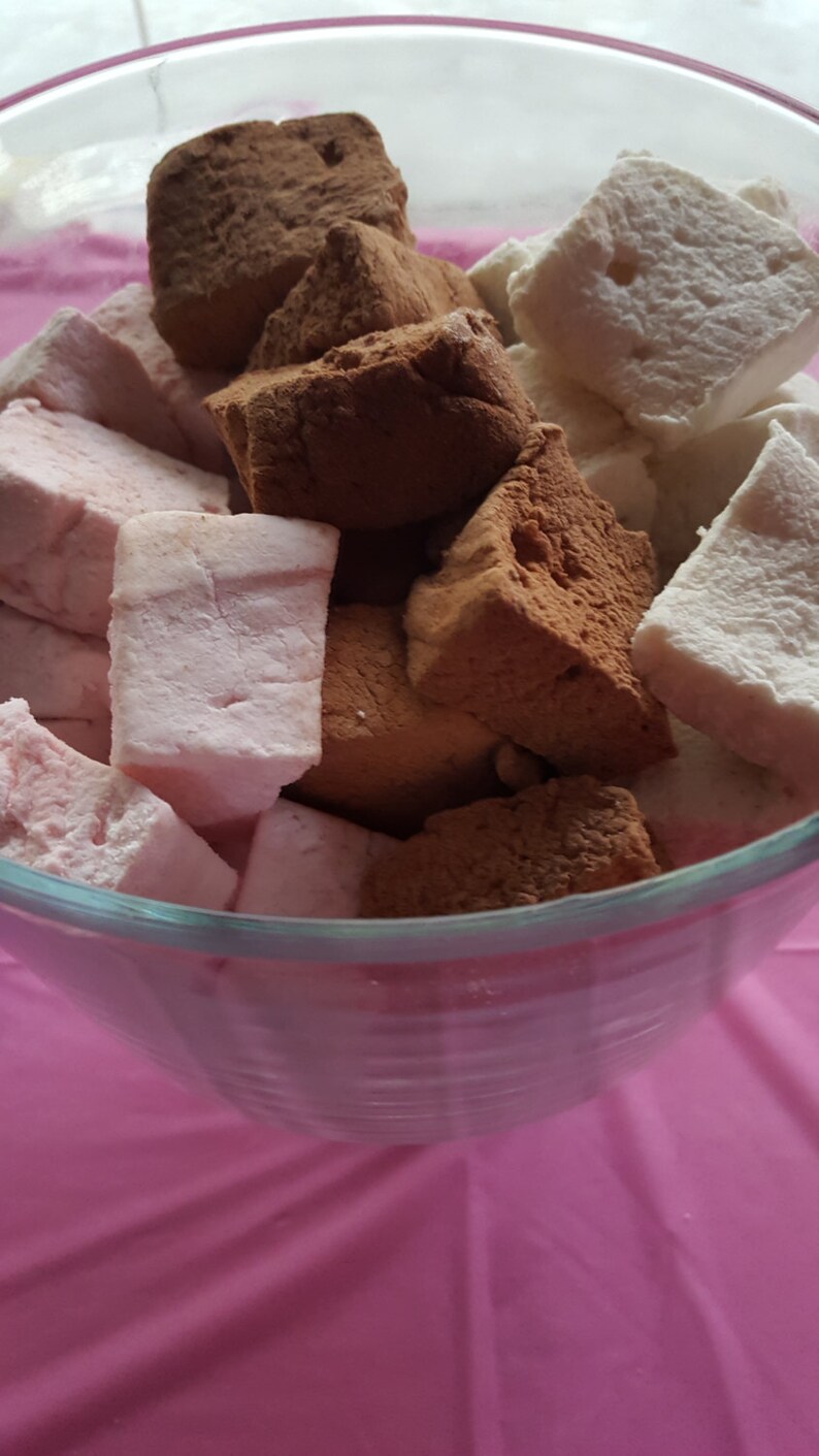 Op de afbeelding: Een glazen kom gevuld met diverse marshmallows. Sommige zijn bestrooid met cacaopoeder, andere zijn roze en sommige wit. De marshmallows zijn vierkant en liggen op een roze ondergrond.