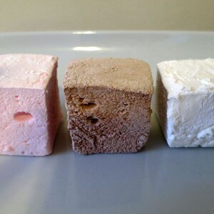 Op de afbeelding: Drie vierkante marshmallows in roze, bruin en wit, gepresenteerd op een lichtgrijze plaat. De roze marshmallow heeft een gat in het midden. De bruine marshmallow heeft een laagje bruin poeder. De witte marshmallow is zacht.