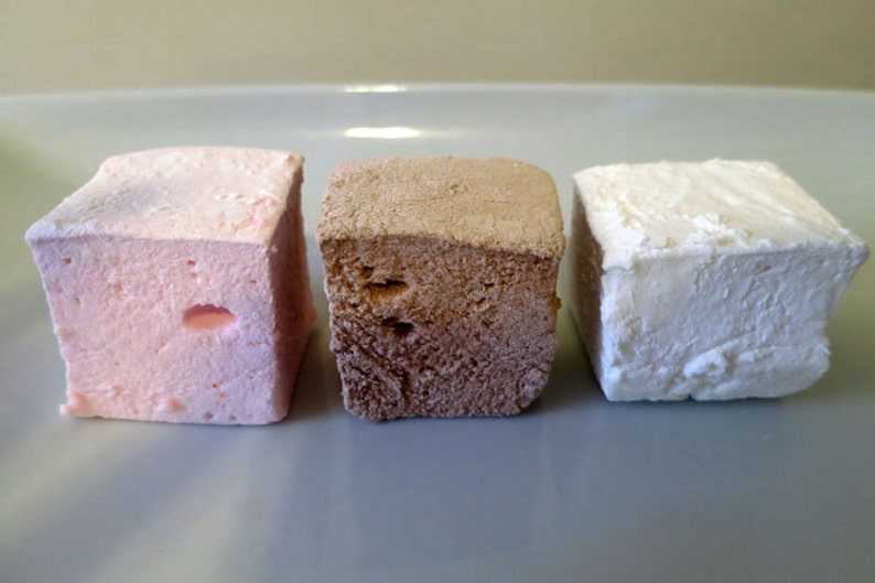 Op de afbeelding: Drie vierkante marshmallows in roze, bruin en wit, gepresenteerd op een lichtgrijze plaat. De roze marshmallow heeft een gat in het midden. De bruine marshmallow heeft een laagje bruin poeder. De witte marshmallow is zacht.