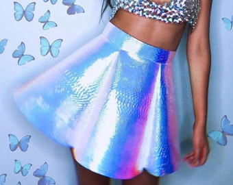 Holographic faux leather faux snake skater skirt