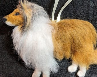 Needle felted Rough Collie hanging ornament  filled with Soil Association certified organic wool