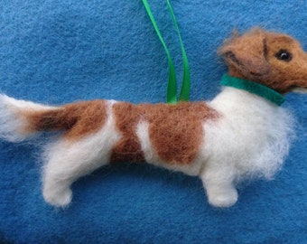 Long haired miniature Dachshund needle felted hanging dog ornament. Filled with wool from my certified organic flock