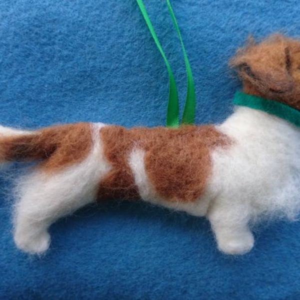 Long haired miniature Dachshund needle felted hanging dog ornament. Filled with wool from my certified organic flock