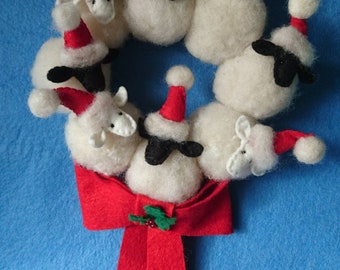 Posts to UK only...Cute needle felted Christmas Santa sheep door wreath/hanger made from organic wool.