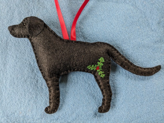 Labrador Retriever hanging Christmas Ornament: Hand embroidered holly detail, Organic Wool Filling , holiday decor