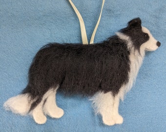 Border Collie sheepdog hanging ornament. Needlefelted fur and filled with wool from my certified organic flock