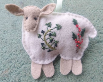 Holly and Ivy embroidered sheep ornament with ribbon hanger