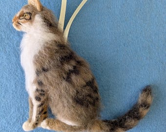 Needle Felted Tabby Cat hanging Ornament: Organic wool Filling