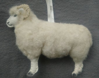 Needle felted Exmoor Horn sheep hanging ornament with hand embroidered detail. Made with wool from my certified organic flock.