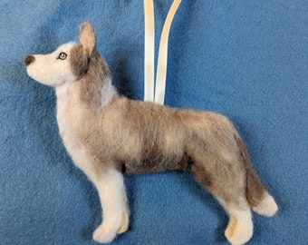 Alaskan Husky/Malamute hanging ornament. Needlefelted fur and filled with wool from my certified organic flock