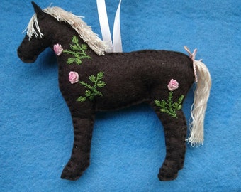 Hand Embroidered felt horse ornament. Chocolate horse with pink embroidered roses
