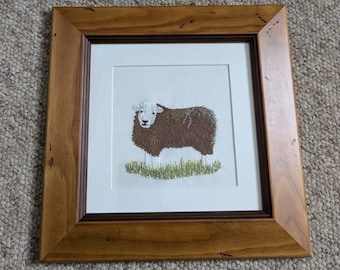 Unique hand embroidered Herdwick sheep picture in antique effect pinewood frame