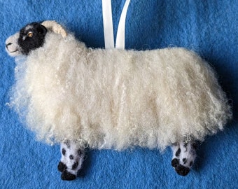 Needle felted Scots Blackface sheep hanging ornament. Hand embroidered detail. Filled with wool from my certified organic flock