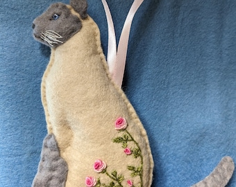 Siamese Cat Felt Ornament: Hand Embroidered Floral Decoration