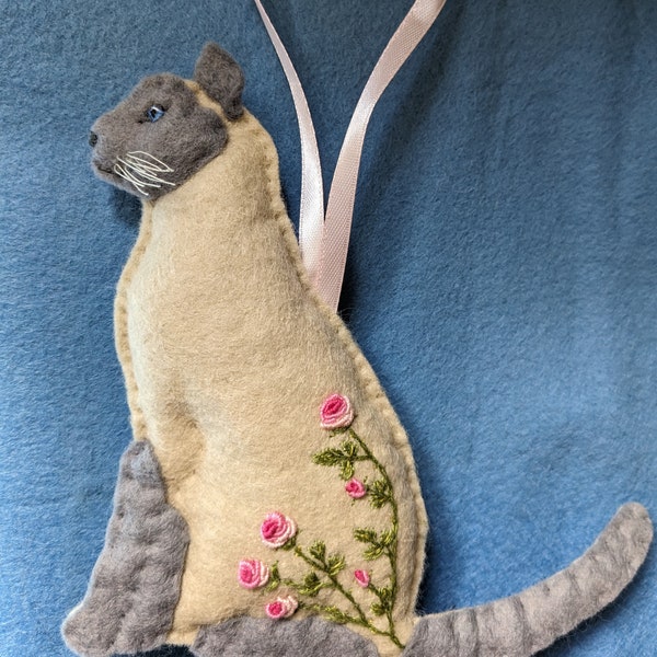 Siamese cat felt hanging ornament with hand embroidered flower decoration. Available in Seal point, grey point etc