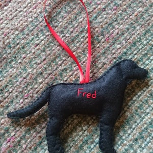 May include: Black felt dog ornament with red ribbon and the name "Fred" embroidered on the side.
