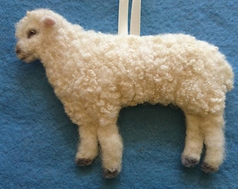 Lamb hanging ornament. Needlefelted organic wool with  hand embroidered detail. Christening or new baby gift.