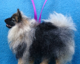 Needle felted Keeshond, Spitz hanging dog ornament filled with Soil Association certified organic wool