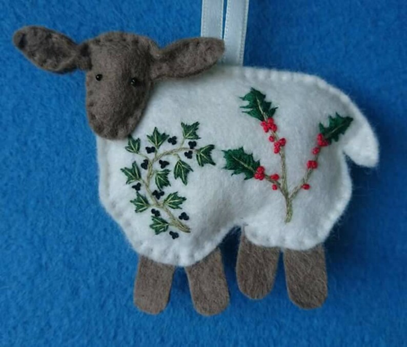 Spring... The Four Seasons of Sheep. Embroidered felt sheep plushie hanging ornament filled with wool from my organic flock image 5