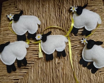 Felt Sheep Garland: Hand Embroidered Daisy Decor, Organic Wool