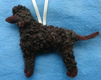 Needle felted Irish Water Spaniel ...hanging dog ornament with hand embroidered detail, filled with wool from my organically certified flock