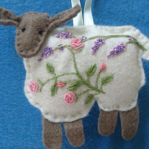 Spring... The Four Seasons of Sheep. Embroidered felt sheep plushie hanging ornament filled with wool from my organic flock image 3