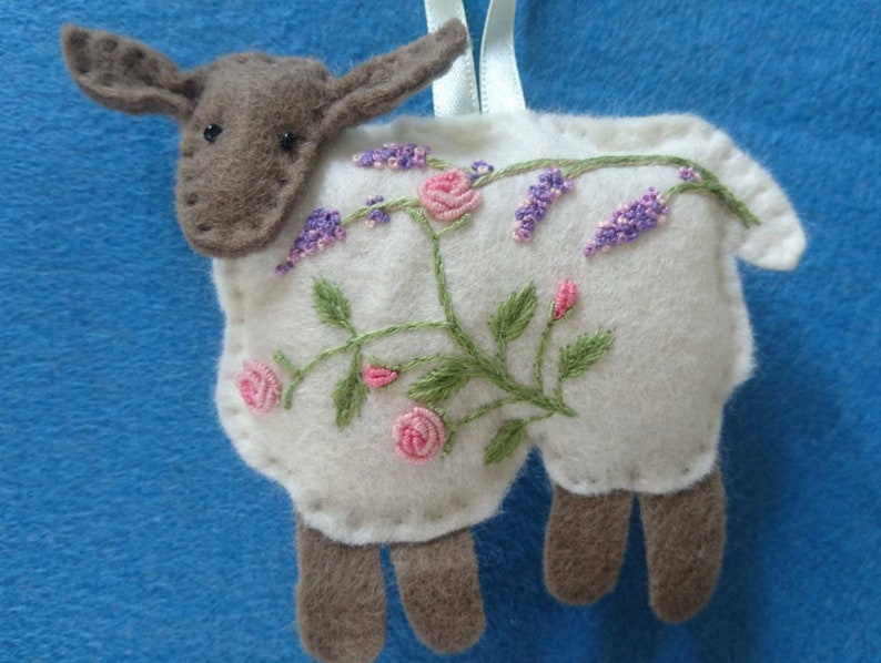 Spring... The Four Seasons of Sheep. Embroidered felt sheep plushie hanging ornament filled with wool from my organic flock image 3